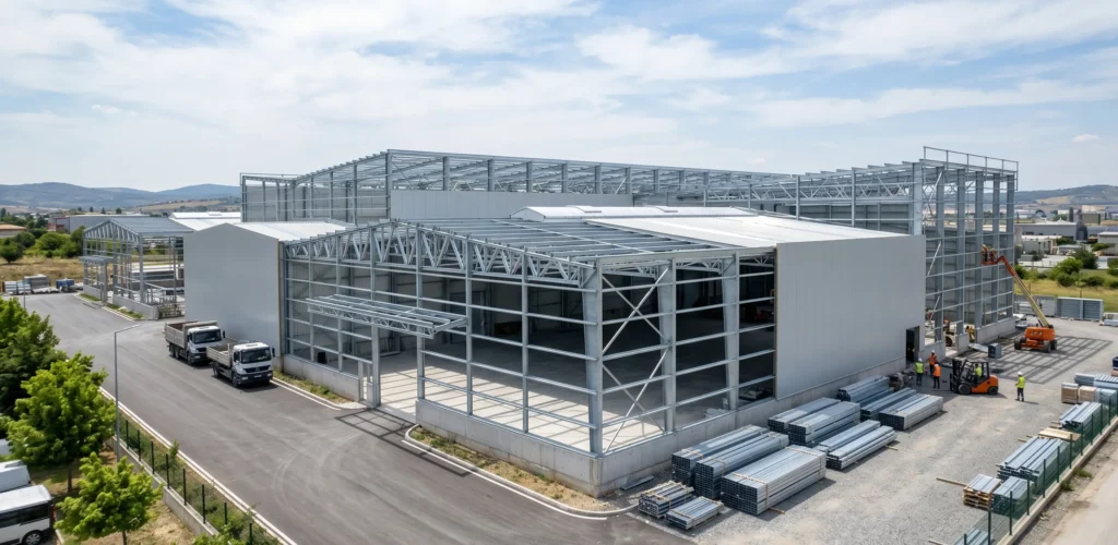 Soğuk çelik sistemleri ile inşa edilen modern, geniş açıklıklı endüstriyel depo ve fabrika yapısının şantiye kurulum aşaması.