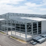 Soğuk çelik sistemleri ile inşa edilen modern, geniş açıklıklı endüstriyel depo ve fabrika yapısının şantiye kurulum aşaması.