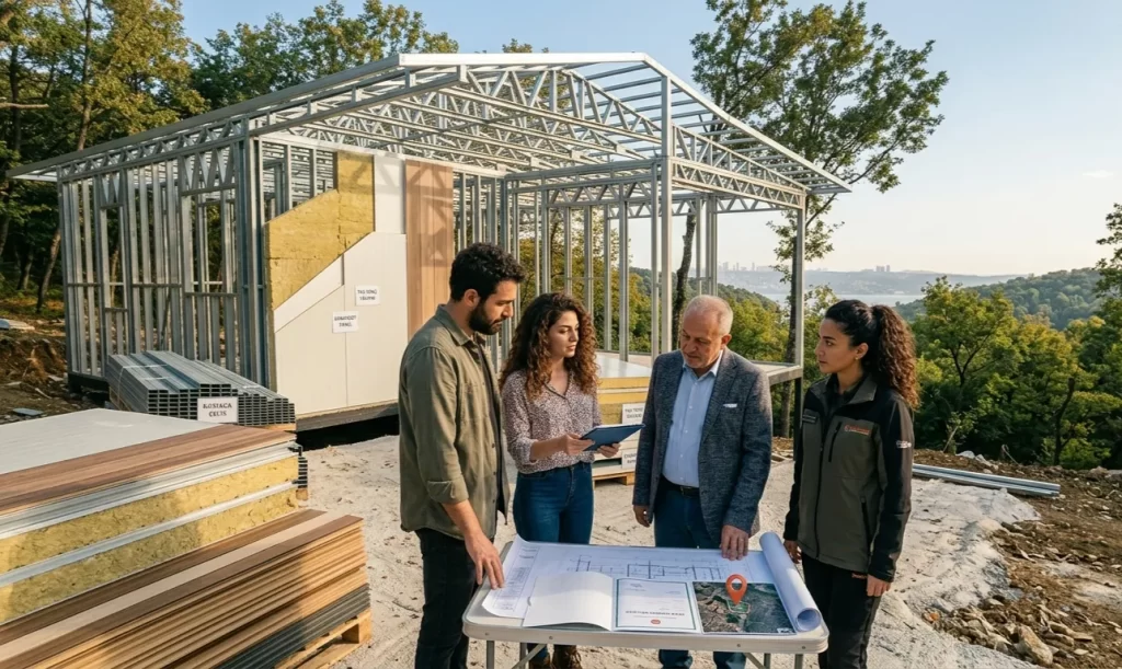 İmarlı arsa üzerinde gerçekleşen profesyonel bir yapılaşma sürecini ve teknik planlama aşamasını temsil eden, saha çalışması odaklı gerçekçi bir görünüm.