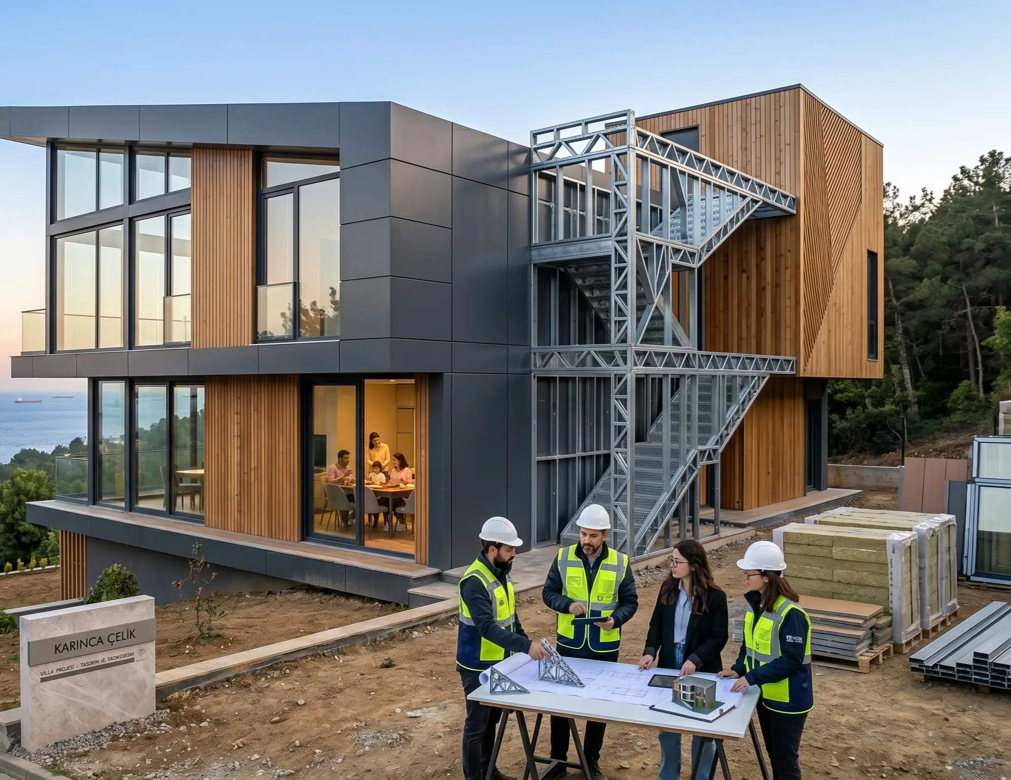 eniz manzaralı bir arazide inşa edilen, çelik karkas yapısı ve modern mimarisiyle öne çıkan iki katlı prefabrik ev projesi.