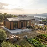 Tarla vasıflı arazi üzerinde inşaat aşamaları tamamlanan, peyzajla uyumlu ve modern yalıtım standartlarına sahip prefabrik ev uygulaması.
