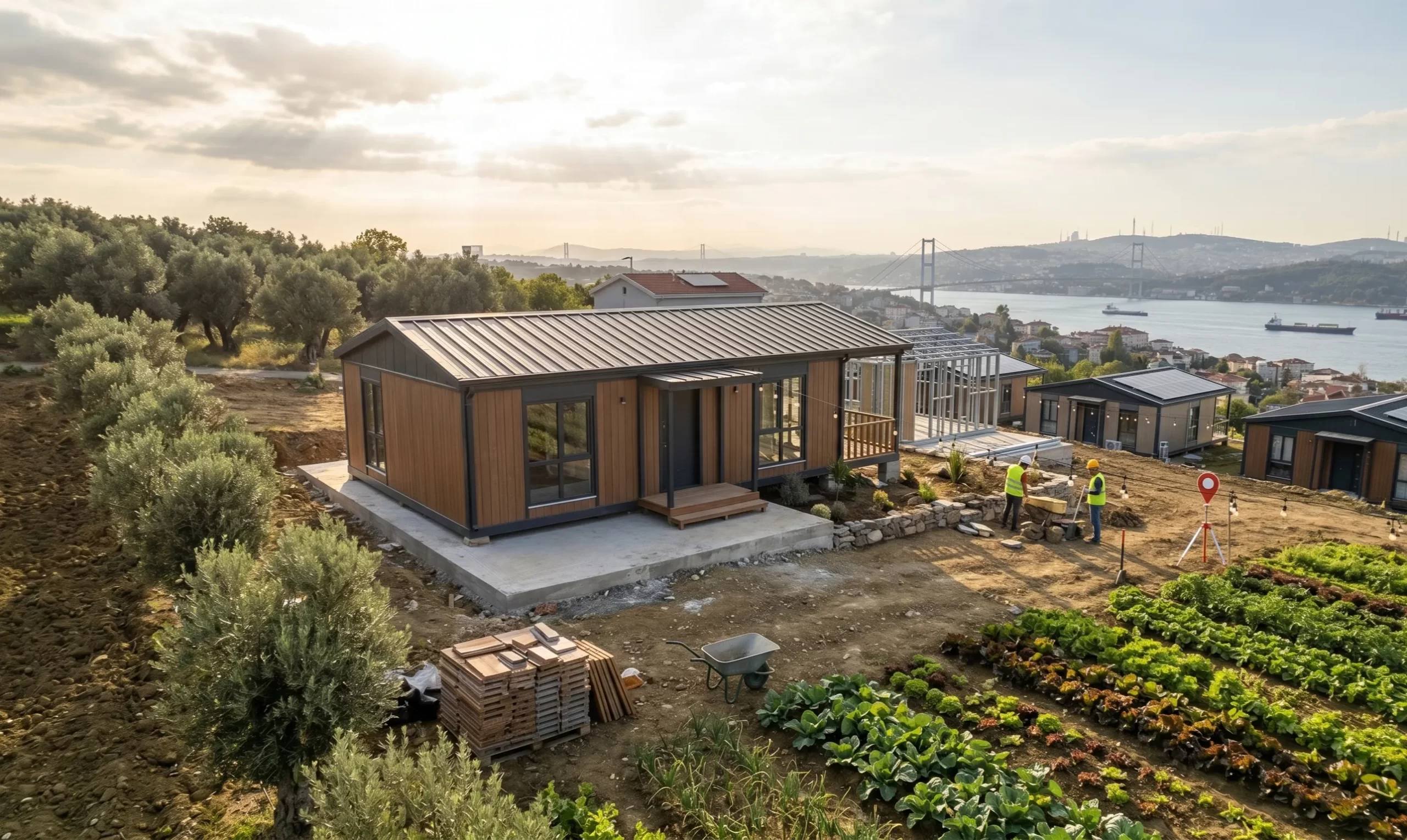 Tarla vasıflı arazi üzerinde inşaat aşamaları tamamlanan, peyzajla uyumlu ve modern yalıtım standartlarına sahip prefabrik ev uygulaması.