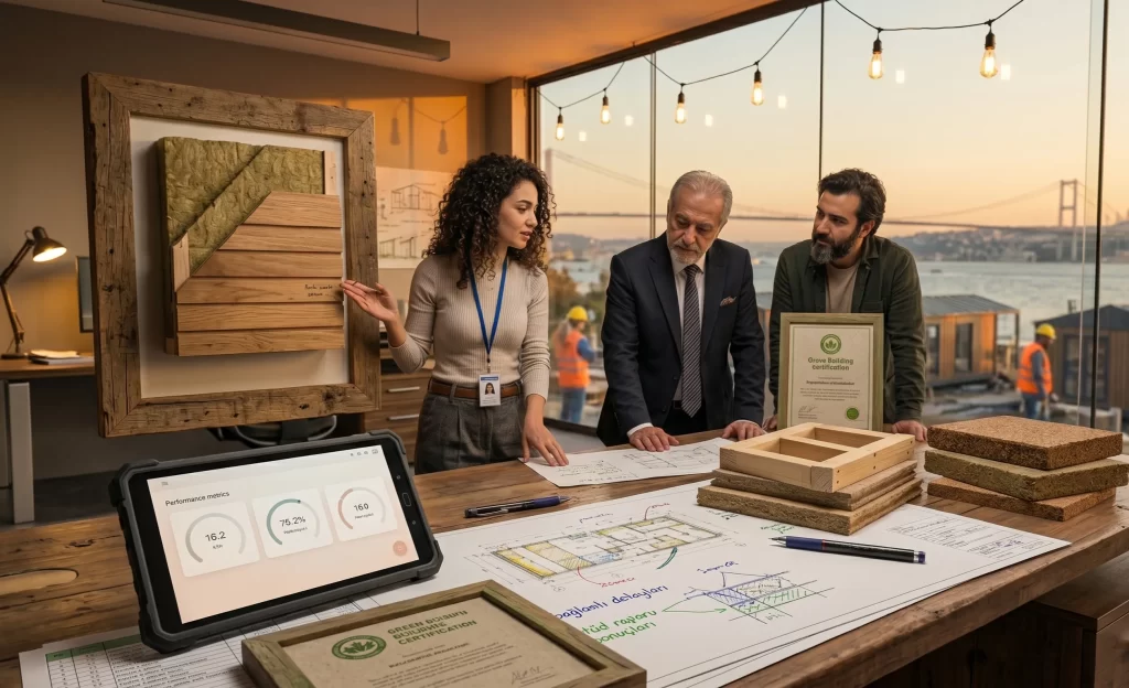 Yasal şartlara uygun şekilde tarlaya inşa edilen modern ve şık prefabrik ev görünümü için çalışan insanlar.