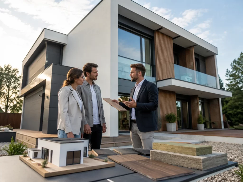 Modern prefabrik ev planı ve cephe seçeneklerini uzman danışmanla inceleyen aile.