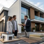 Modern prefabrik ev planı ve cephe seçeneklerini uzman danışmanla inceleyen aile.