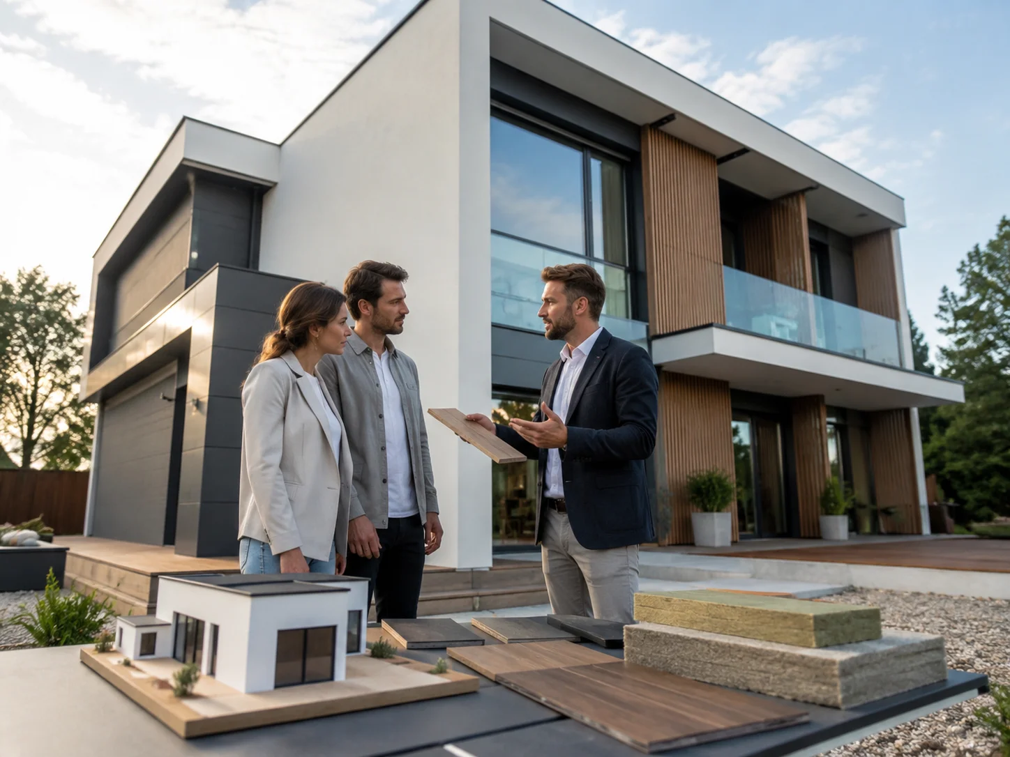 Modern prefabrik ev planı ve cephe seçeneklerini uzman danışmanla inceleyen aile.