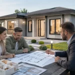 Modern prefabrik ev önünde modüler yapı planını inceleyen aile ve uzman danışman.