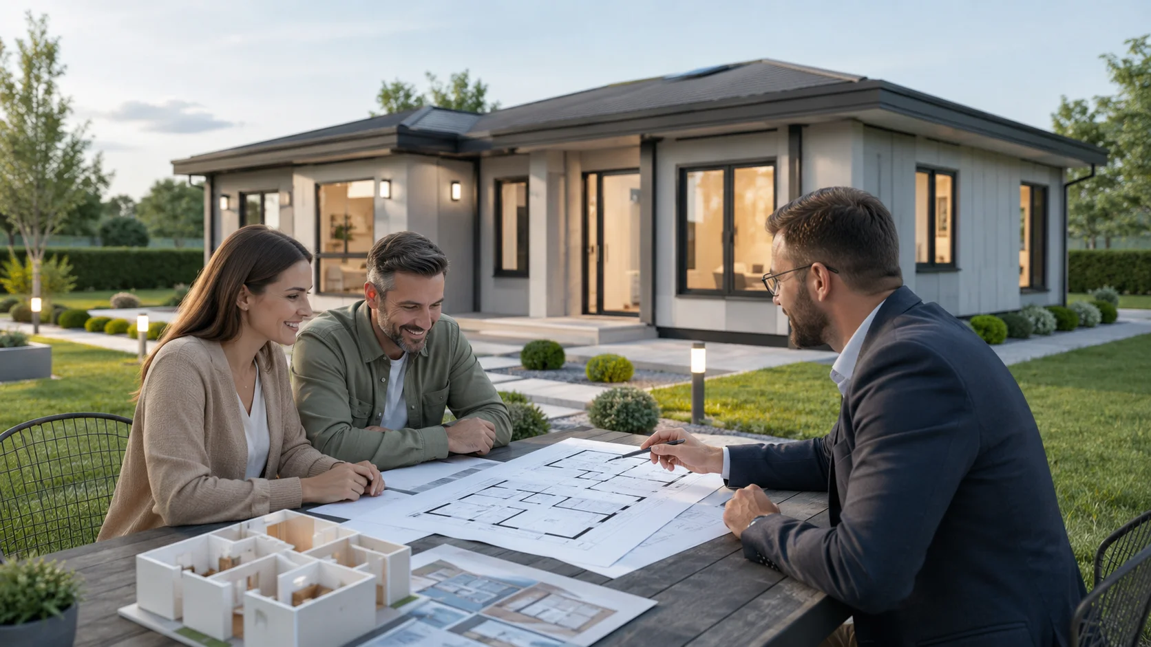 Modern prefabrik ev önünde modüler yapı planını inceleyen aile ve uzman danışman.