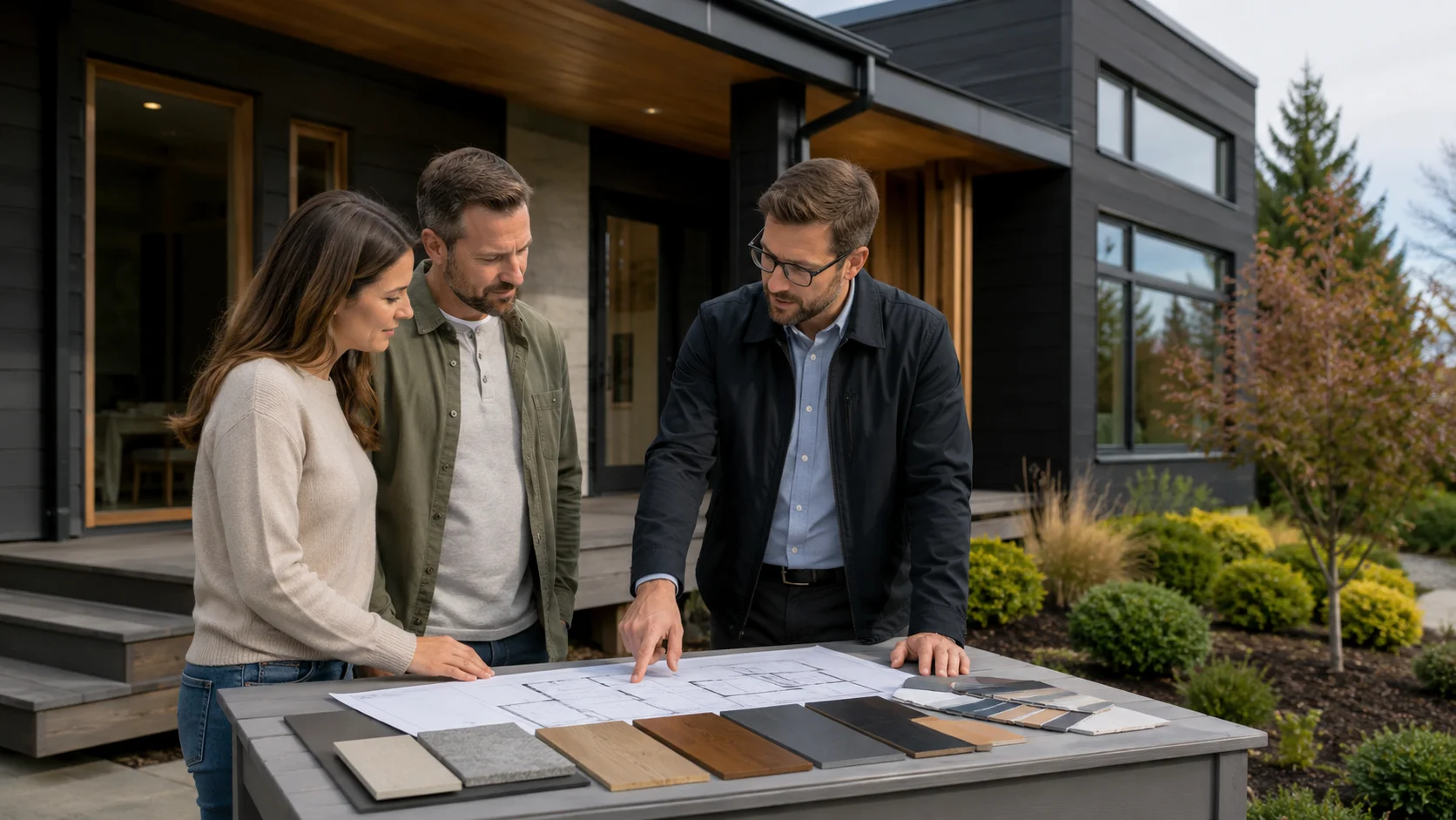 Teknik şartname inceleyen çift ve uzman, modern prefabrik ev önünde proje planlarını değerlendiriyor.