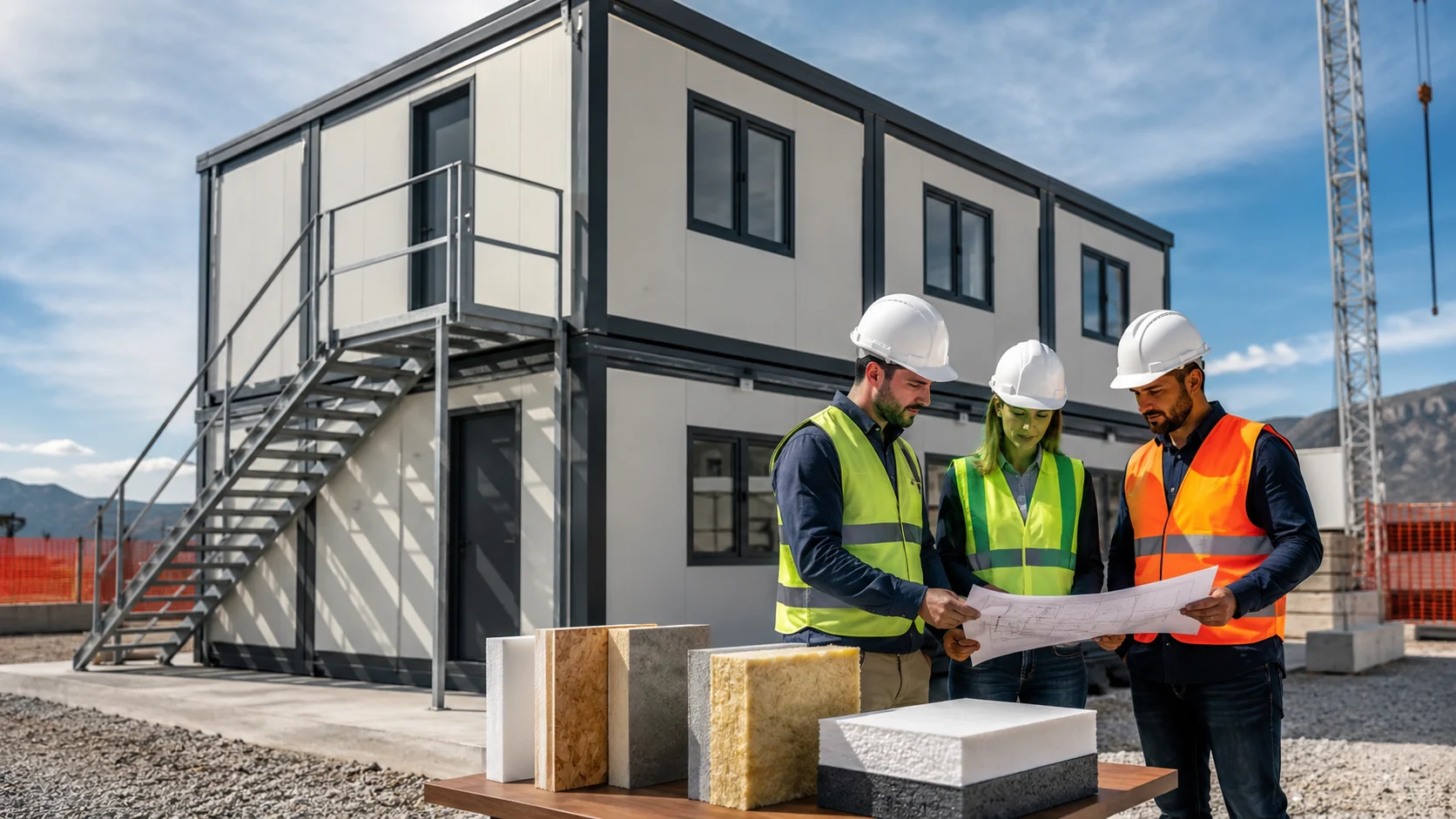 Şantiye yapılarında yalıtım ve güvenlik detaylarını inceleyen mühendisler ile prefabrik saha binaları.