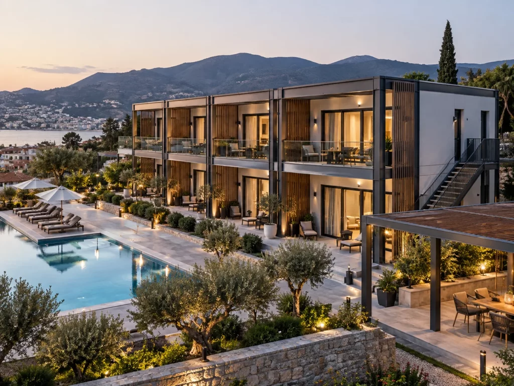 Modern hafif çelik otel projesi ve peyzajlı konaklama alanı.