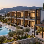 Modern hafif çelik otel projesi ve peyzajlı konaklama alanı.