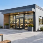 Exterior of a modern prefabricated cafeteria building with a large glazed entrance and neat landscaping