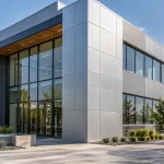 Exterior of a corporate building with modern light steel facade cladding