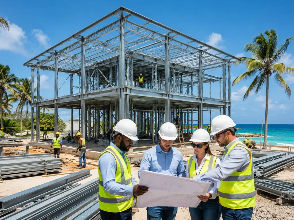 Barbados’ta hafif ve ağır çelik yapı montajını inceleyen mühendis ve saha ekibi.