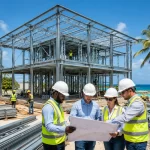 Barbados’ta hafif ve ağır çelik yapı montajını inceleyen mühendis ve saha ekibi.