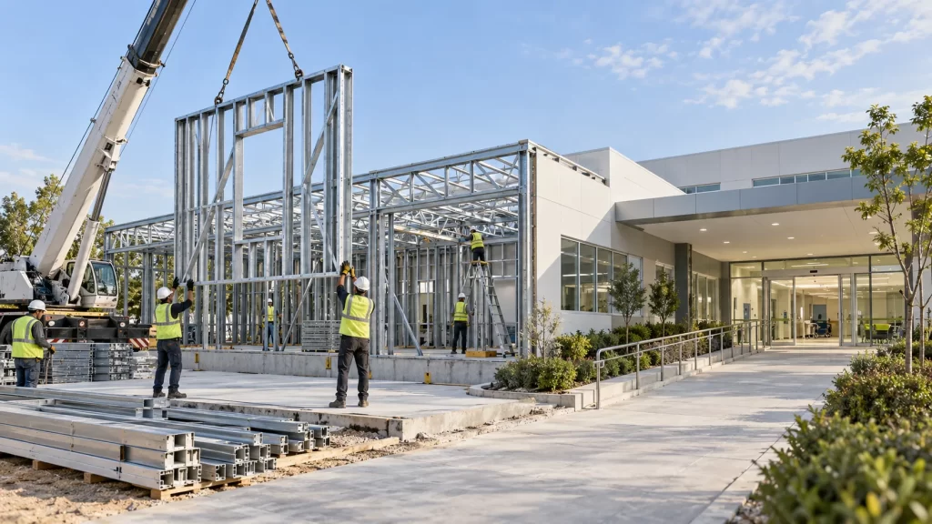 Modern mimariye sahip, güneşli bir havada hızlı kurulum ve esnek planlama özelliklerine sahip hafif çelik sağlık yapısı.