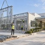 A light steel healthcare building with modern architecture, designed for fast installation and flexible planning, on a sunny day.