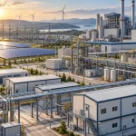 Enerji tesislerinde kullanılan modern çelik yapılar, güneş panelleri ve rüzgar türbinlerinin destek yapılarını gösteriyor.