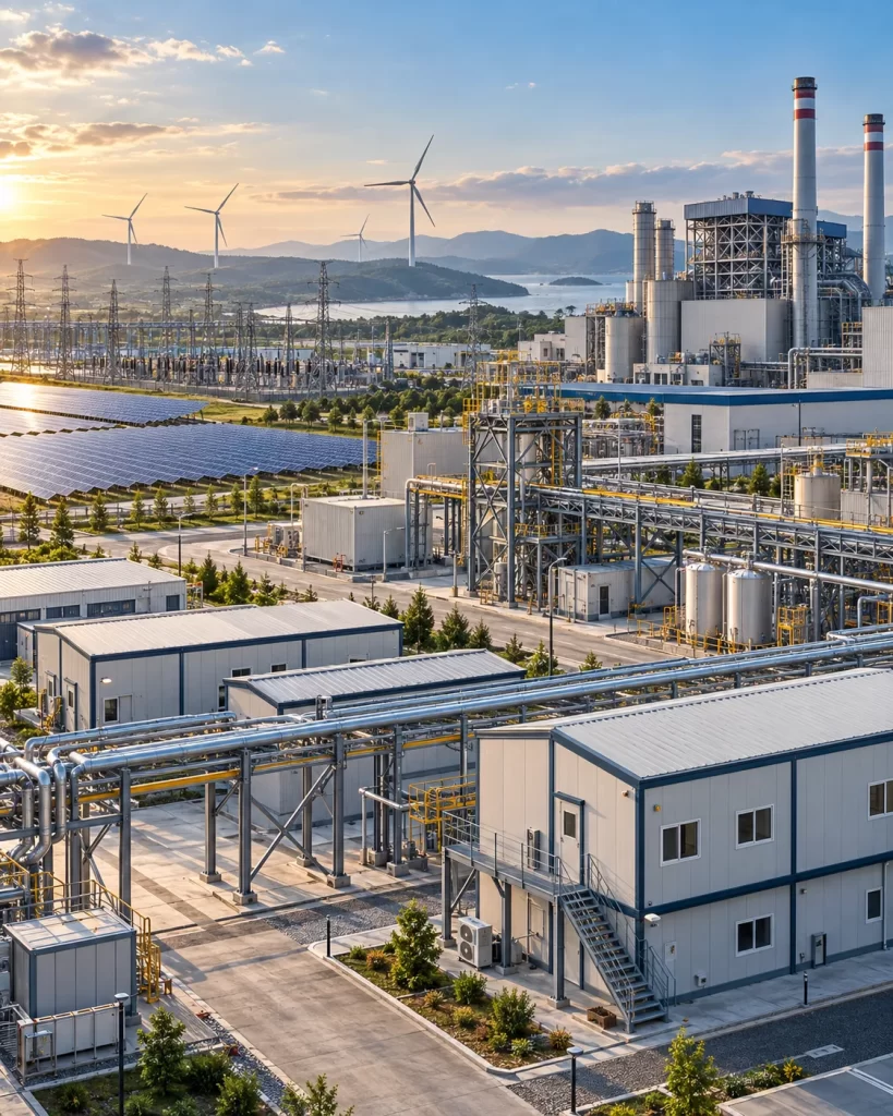Enerji tesislerinde kullanılan modern çelik yapılar, güneş panelleri ve rüzgar türbinlerinin destek yapılarını gösteriyor.