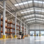 Geniş kolon aralıklarına sahip, düzenli raf sistemleriyle dolu modern bir lojistik hangar içi görünümü, forkliftlerin