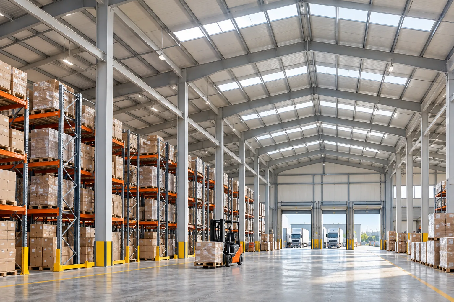 Geniş kolon aralıklarına sahip, düzenli raf sistemleriyle dolu modern bir lojistik hangar içi görünümü, forkliftlerin